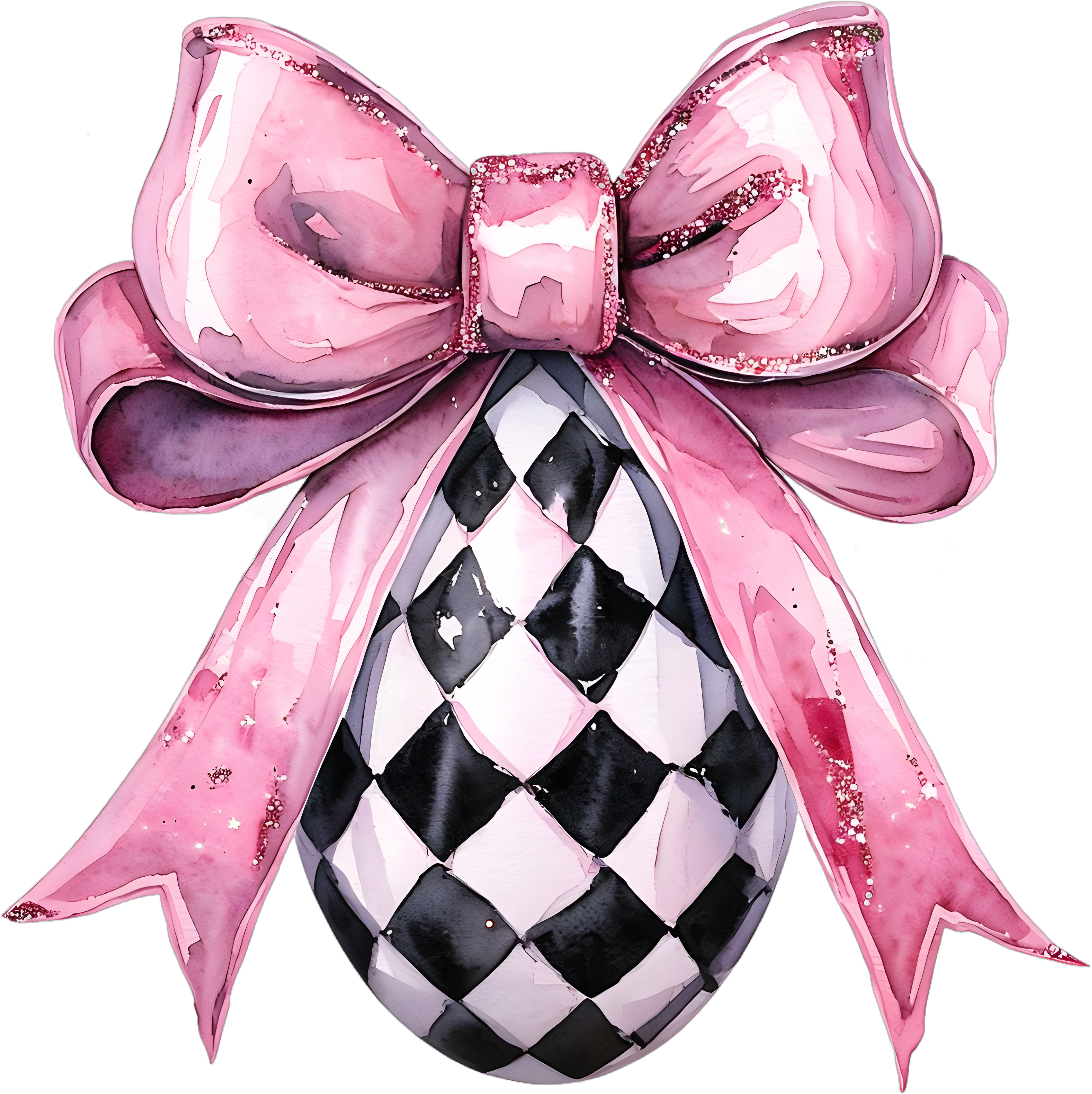Watercolor Checkered Easter Egg with Pink Bow – Easter Ready to Press DTF Transfer