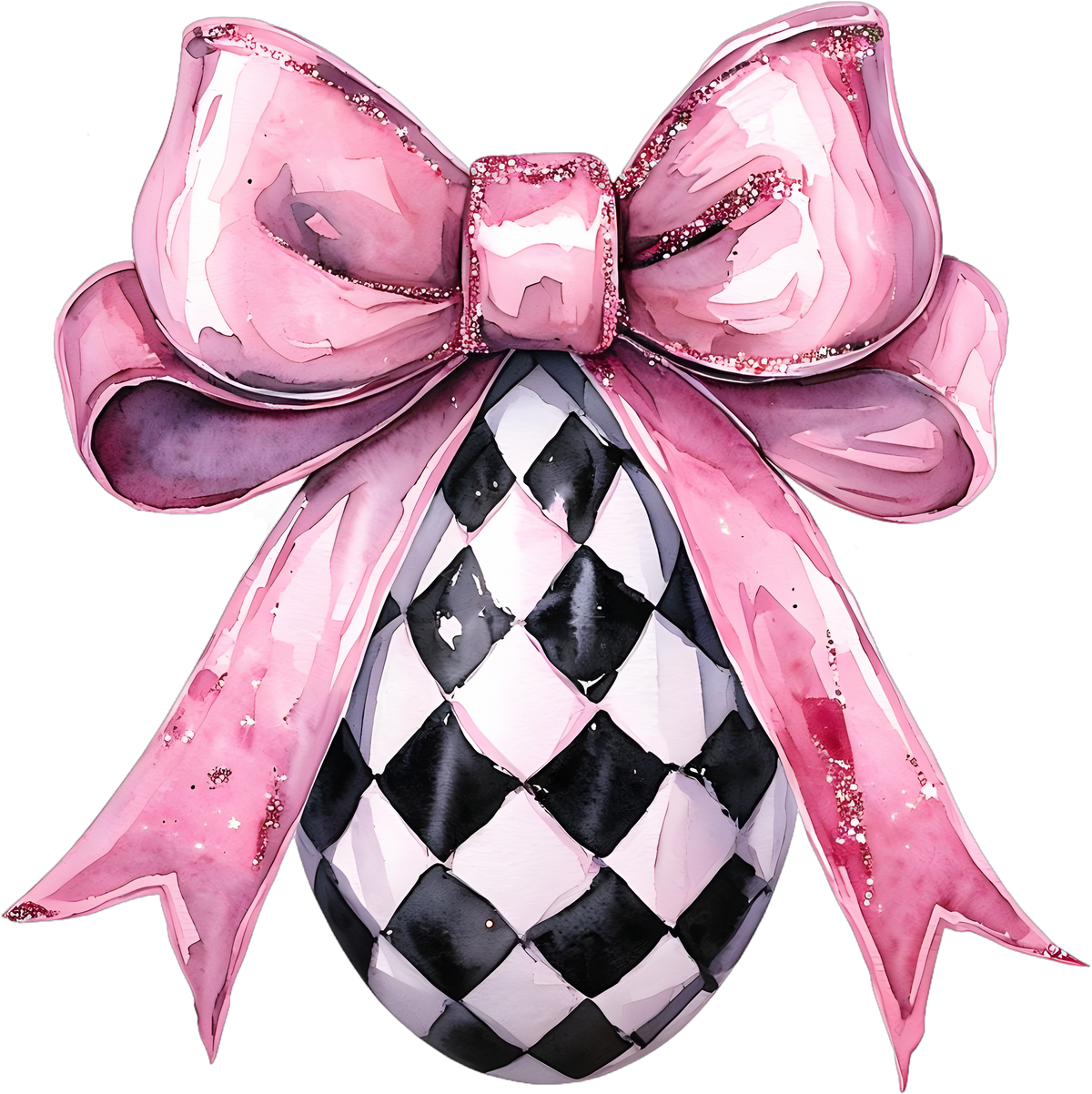 Watercolor Checkered Easter Egg with Pink Bow – Easter Ready to Press DTF Transfer