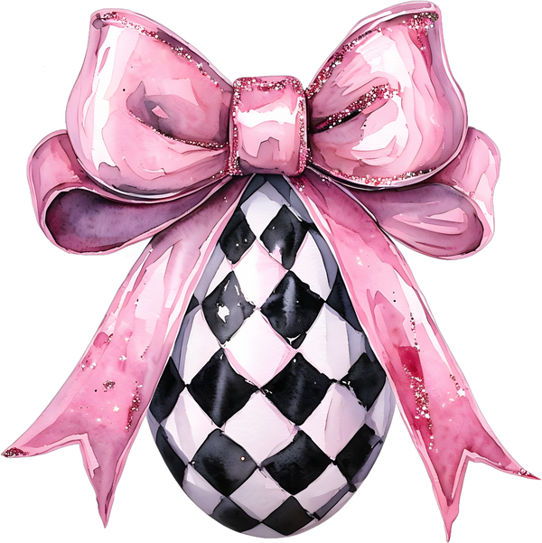 Watercolor Checkered Easter Egg with Pink Bow – Easter Ready to Press DTF Transfer