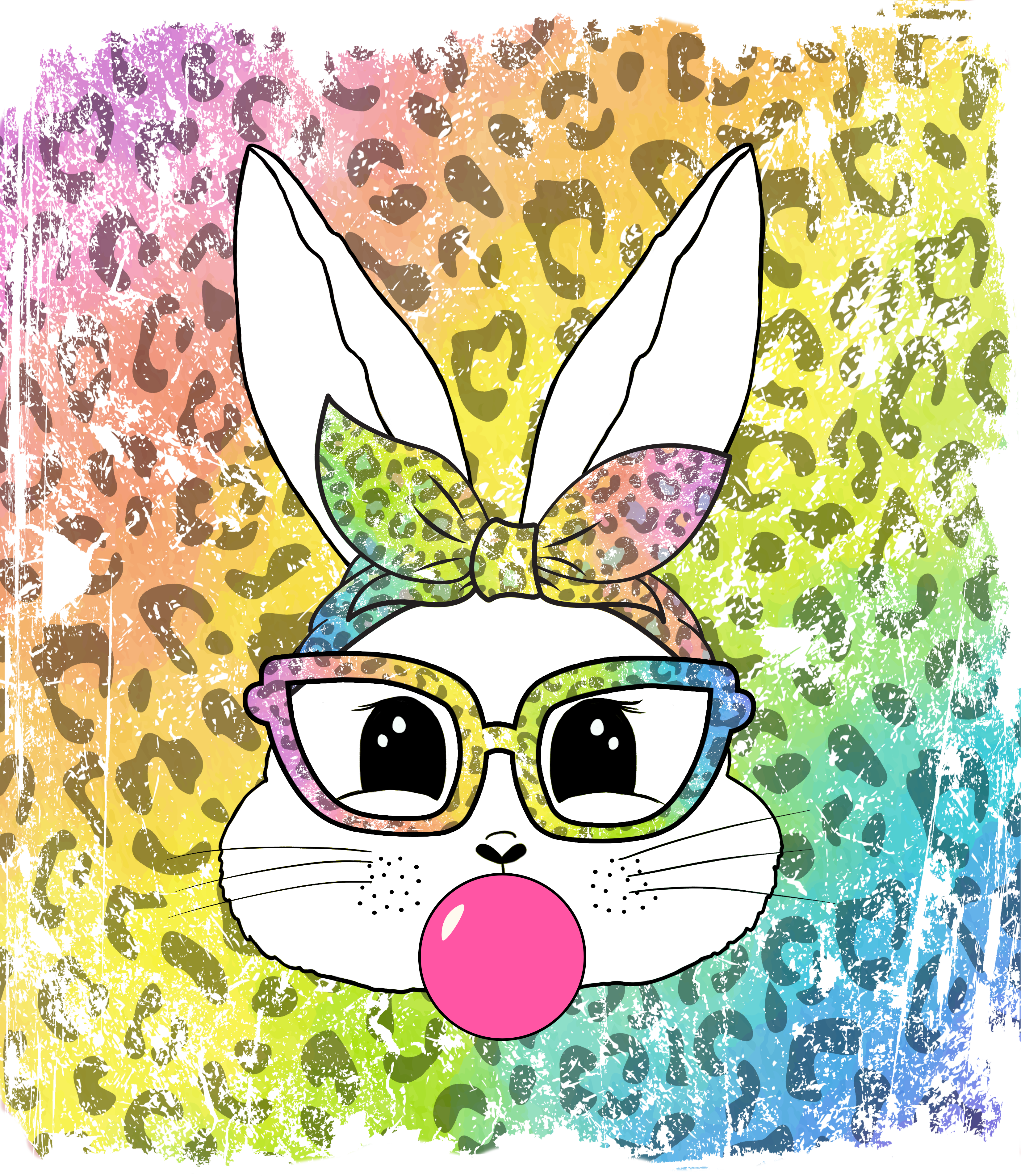 Rainbow Leopard Bunny with Glasses & Bubblegum – Easter Ready to Press DTF Transfer