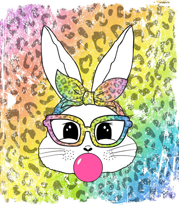 Rainbow Leopard Bunny with Glasses & Bubblegum – Easter Ready to Press DTF Transfer