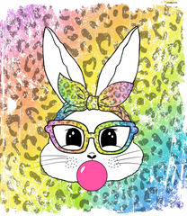 Rainbow Leopard Bunny with Glasses & Bubblegum – Easter Ready to Press DTF Transfer