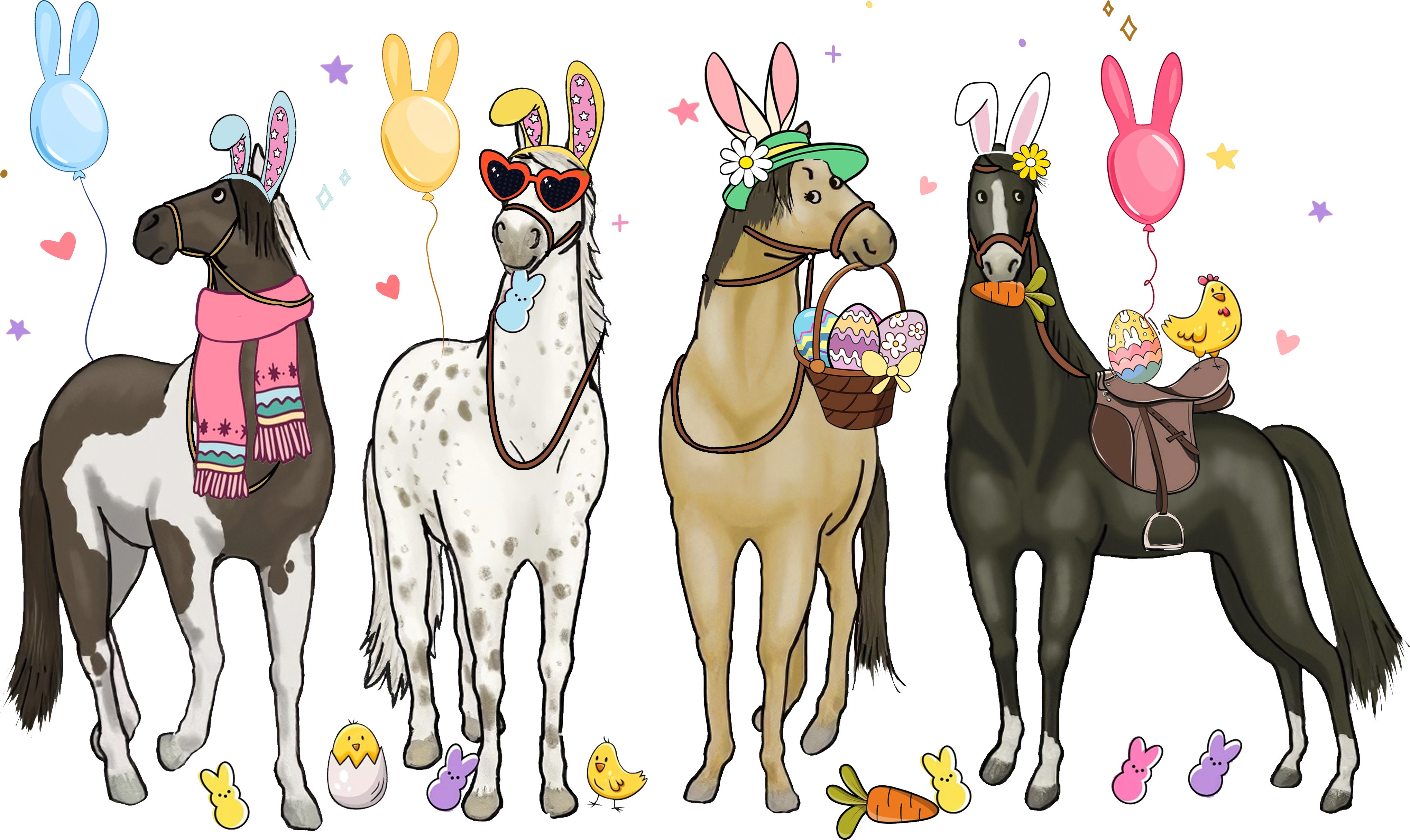 Easter Horses with Bunny Ears & Baskets – Easter Ready to Press DTF Transfer