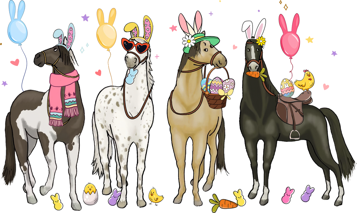 Easter Horses with Bunny Ears & Baskets – Easter Ready to Press DTF Transfer