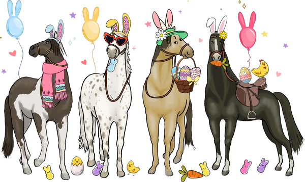 Easter Horses with Bunny Ears & Baskets – Easter Ready to Press DTF Transfer