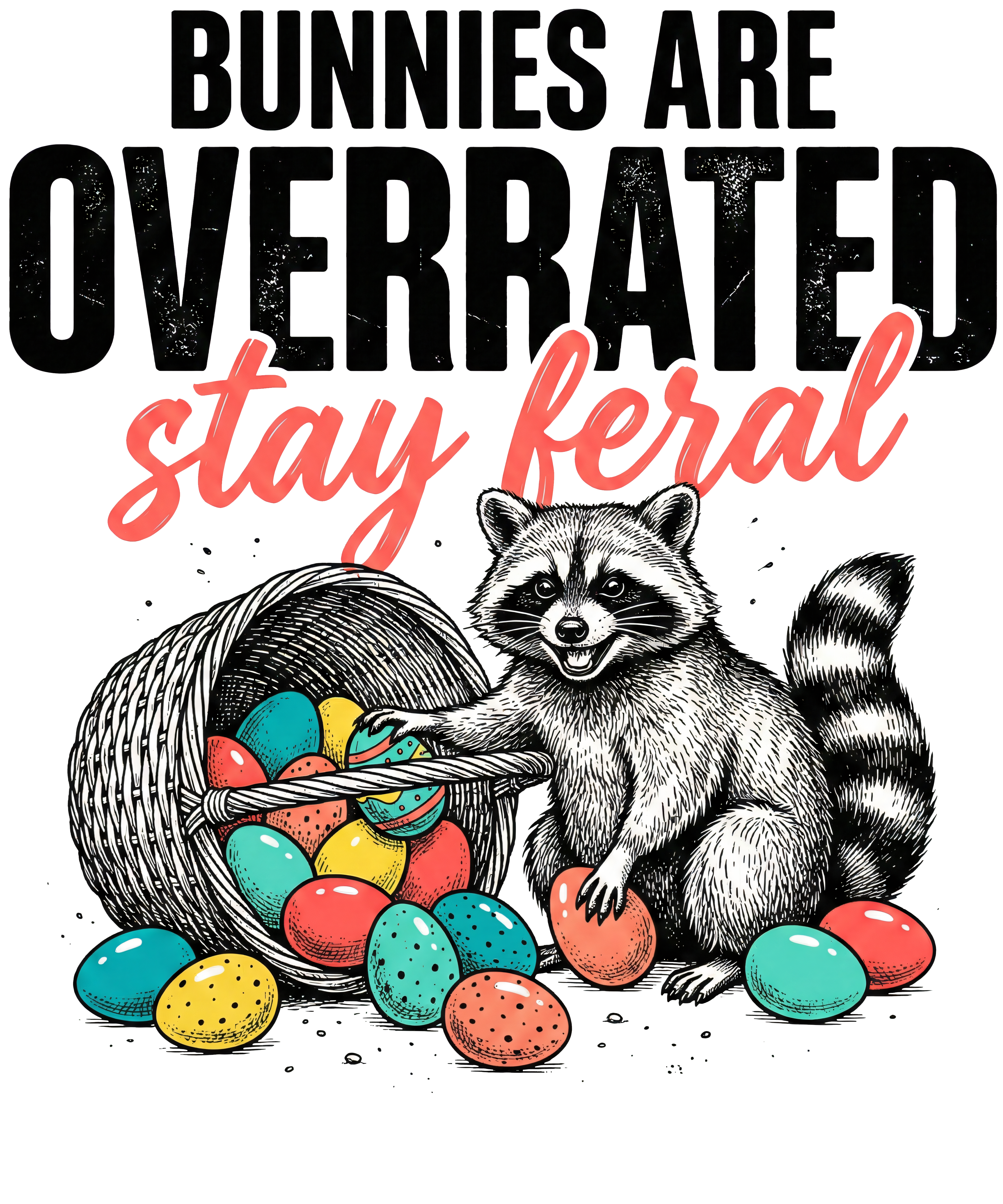 Stay Feral Raccoon with Easter Eggs Funny Graphic – Ready to Press DTF Transfer