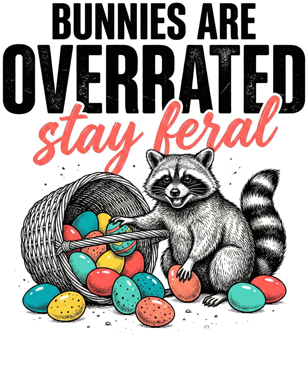 Stay Feral Raccoon with Easter Eggs Funny Graphic – Ready to Press DTF Transfer
