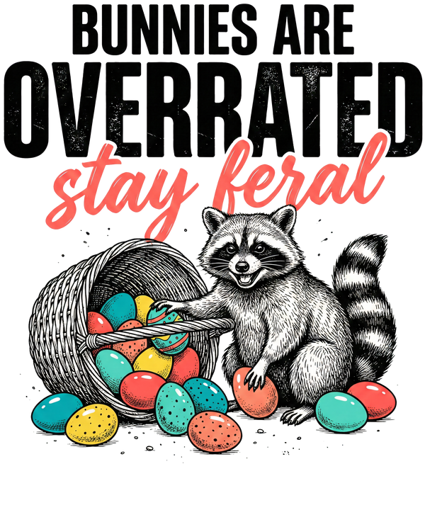Stay Feral Raccoon with Easter Eggs Funny Graphic – Ready to Press DTF Transfer