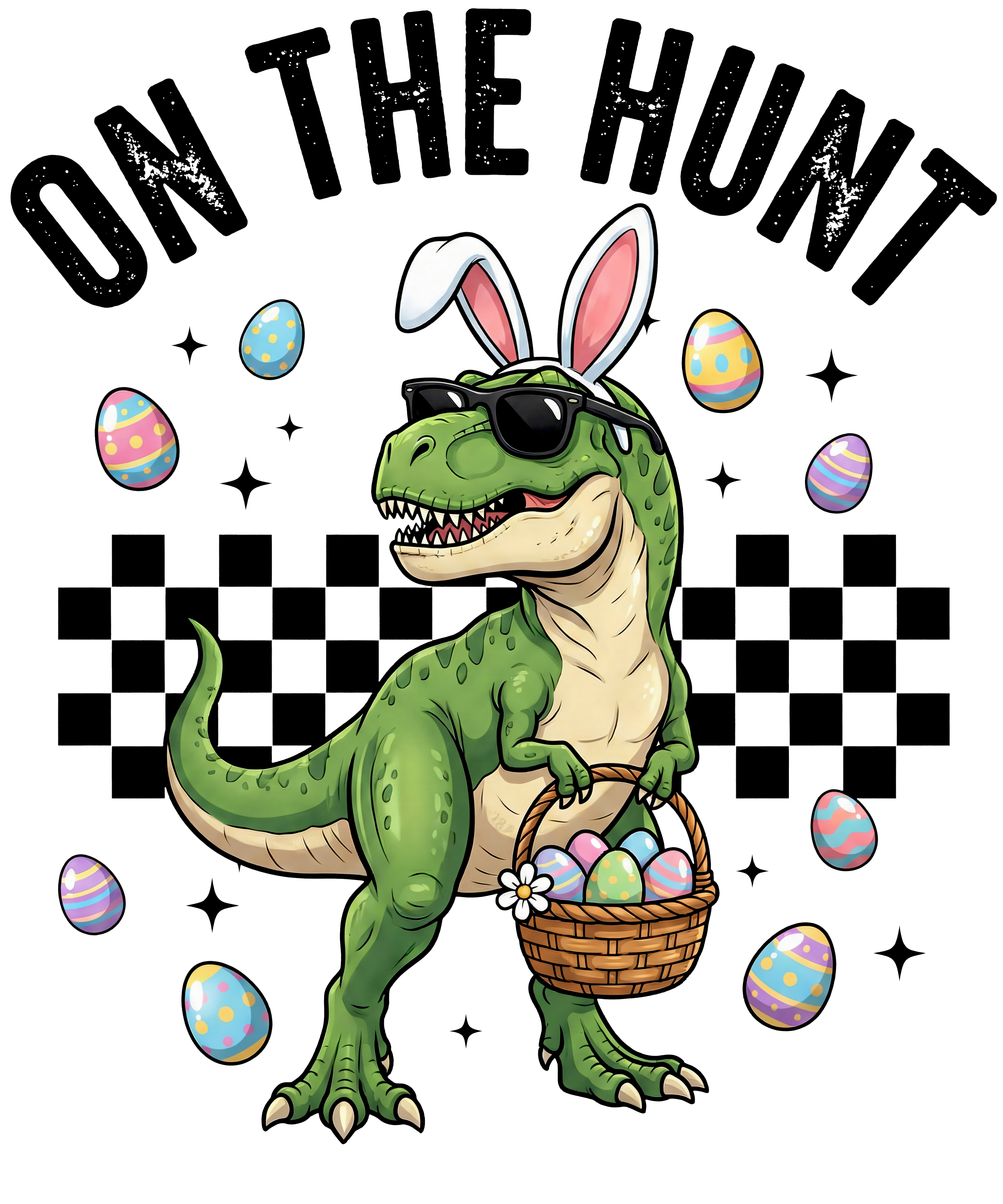 Cool Easter T-Rex with Bunny Ears & Sunglasses Egg Hunt – Ready to Press DTF Transfer