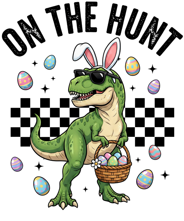 Cool Easter T-Rex with Bunny Ears & Sunglasses Egg Hunt – Ready to Press DTF Transfer
