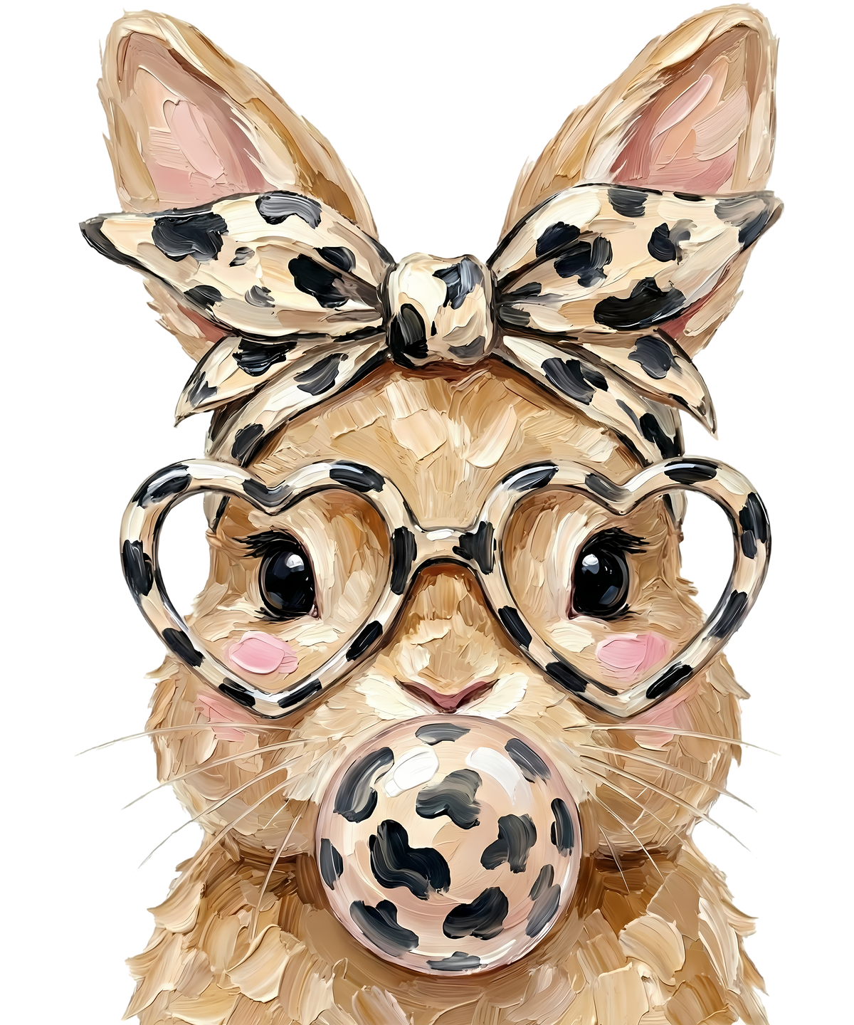 Oil Paint Leopard Bunny with Heart Glasses & Bubblegum – Easter Ready to Press DTF Transfer