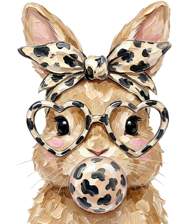Oil Paint Leopard Bunny with Heart Glasses & Bubblegum – Easter Ready to Press DTF Transfer