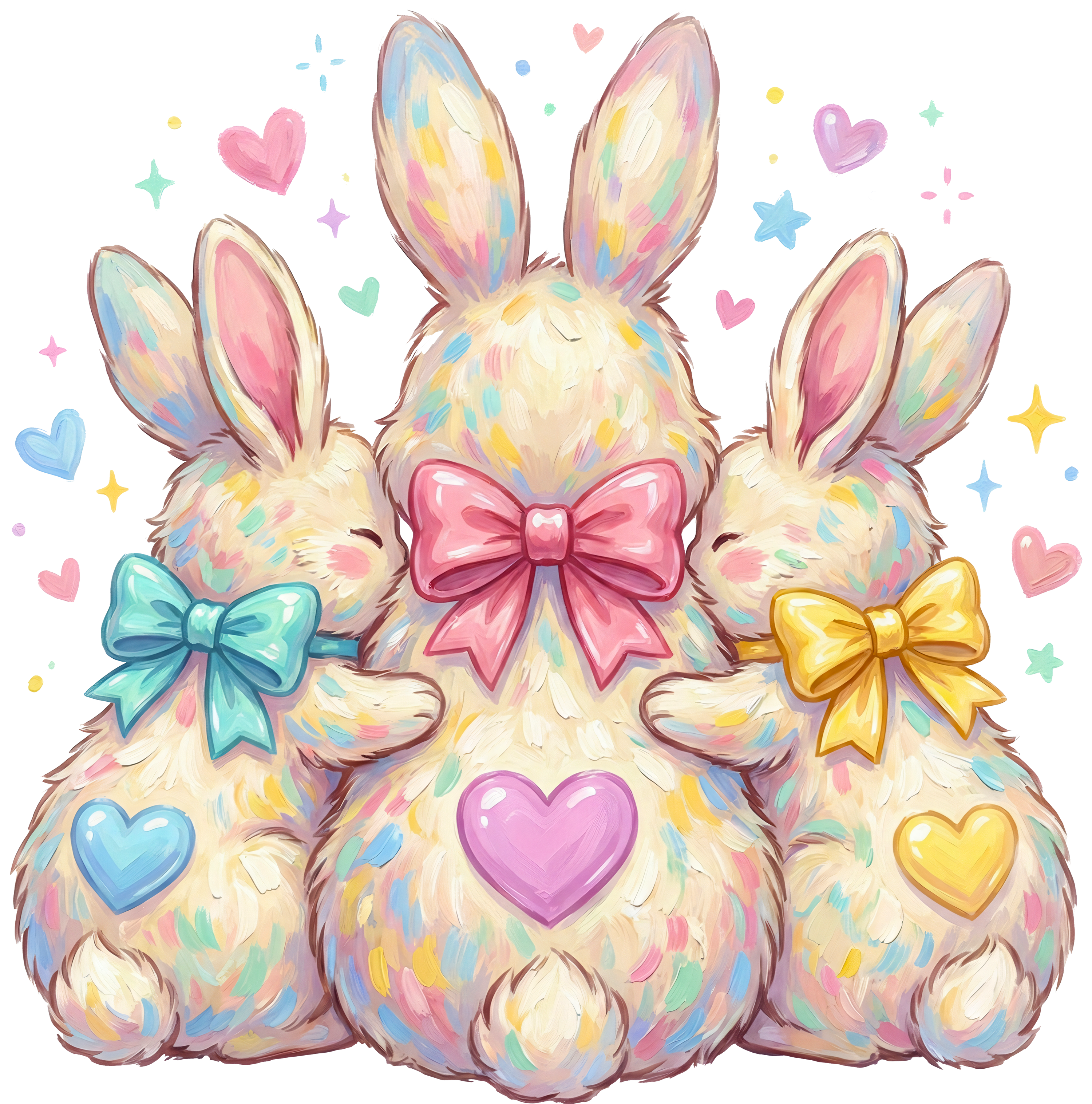 Watercolor Trio Easter Bunnies with Colorful Bows & Hearts – Easter Ready to Press DTF Transfer