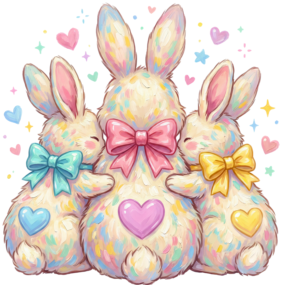 Watercolor Trio Easter Bunnies with Colorful Bows & Hearts – Easter Ready to Press DTF Transfer