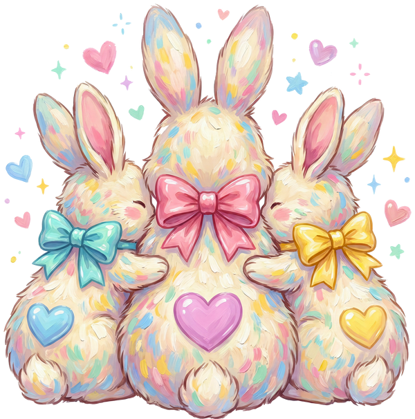 Watercolor Trio Easter Bunnies with Colorful Bows & Hearts – Easter Ready to Press DTF Transfer