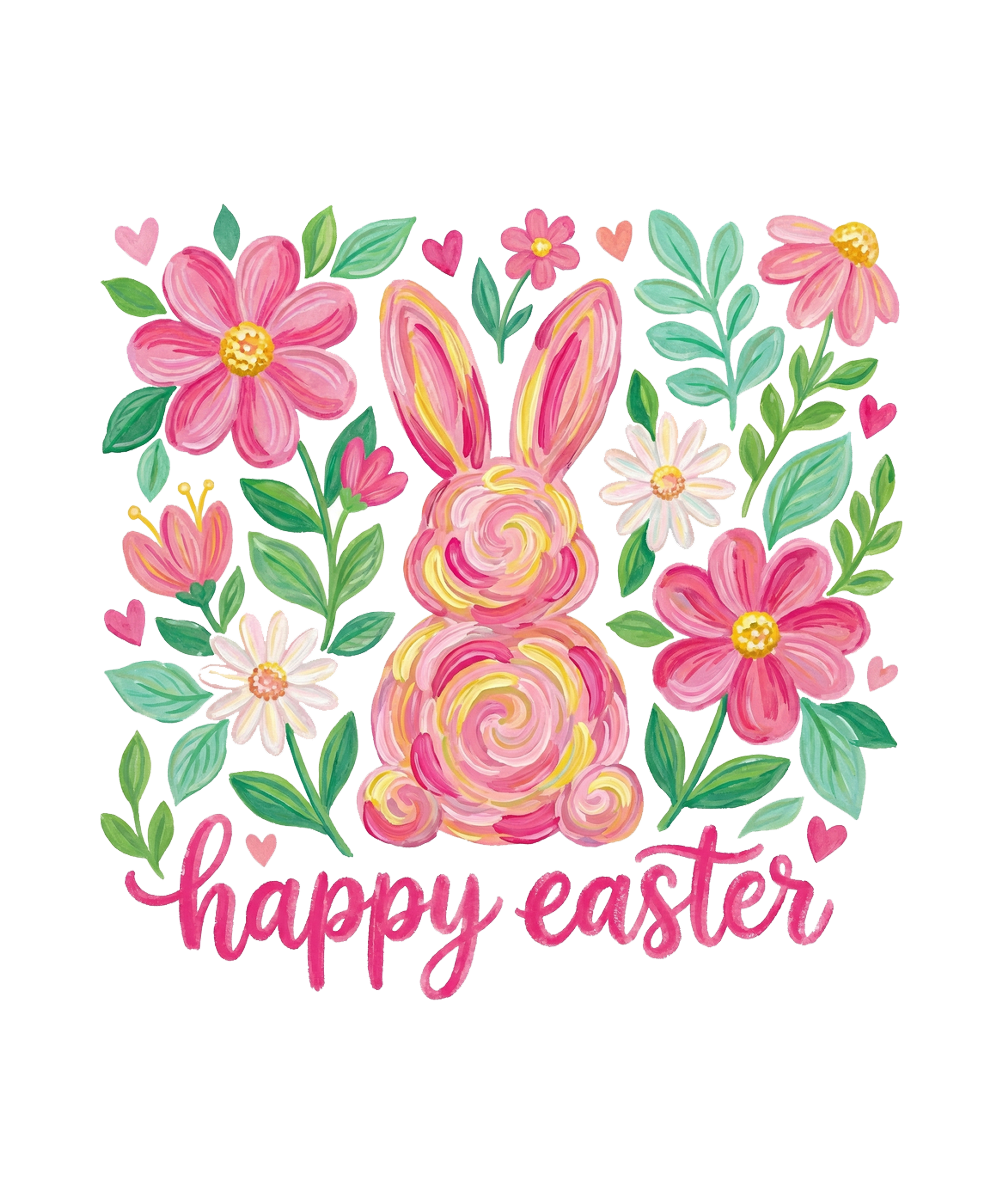 Brushstroke Pink Floral Bunny "Happy Easter" Typography – Easter Ready to Press DTF Transfer