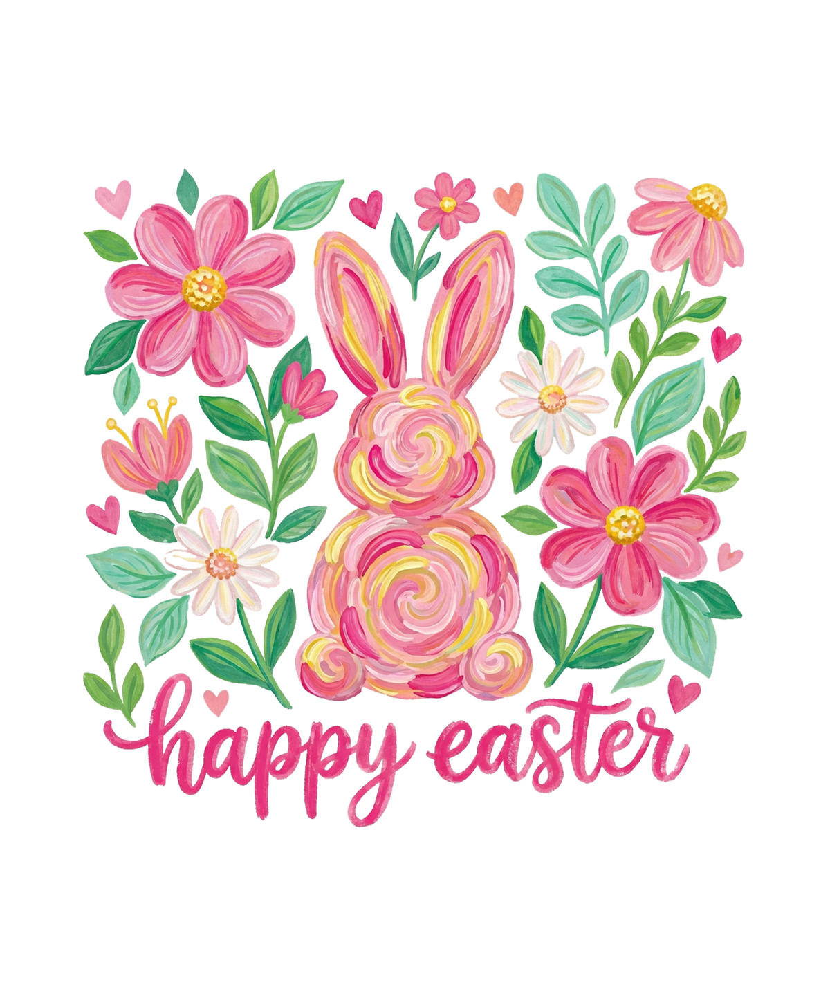 Brushstroke Pink Floral Bunny "Happy Easter" Typography – Easter Ready to Press DTF Transfer