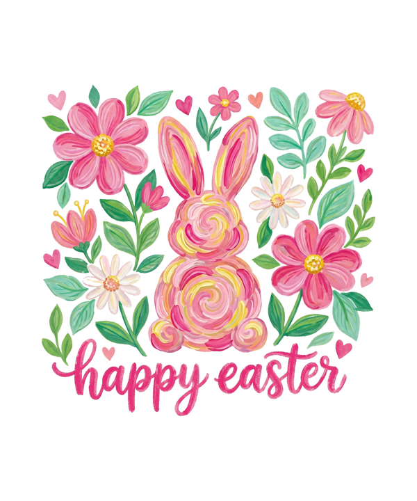 Brushstroke Pink Floral Bunny "Happy Easter" Typography – Easter Ready to Press DTF Transfer