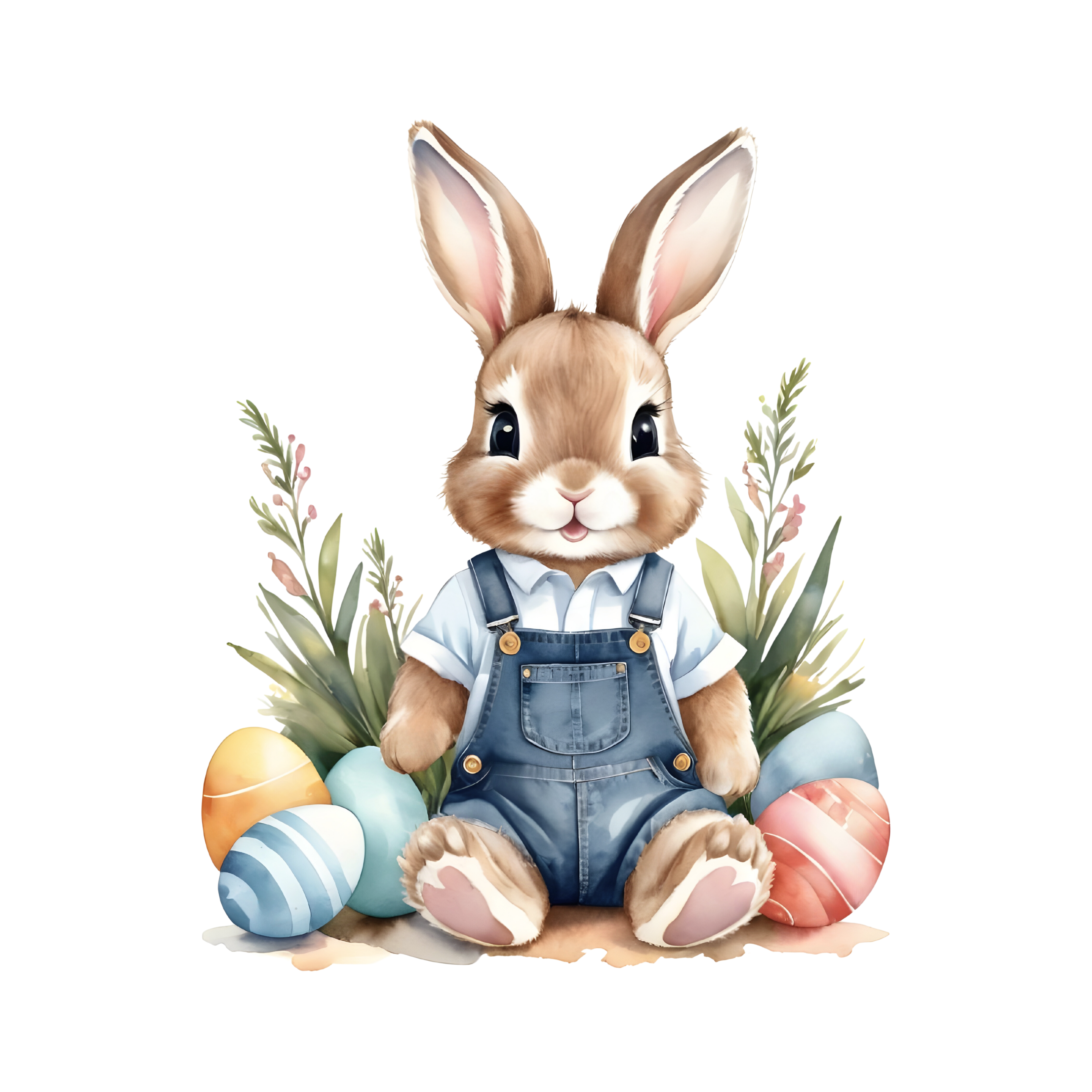 Watercolor Bunny in Denim Overalls with Easter Eggs – Easter Ready to Press DTF Transfer