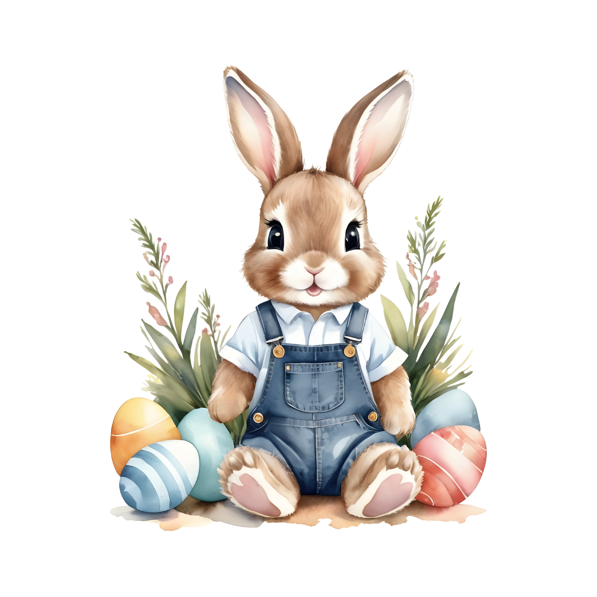Watercolor Bunny in Denim Overalls with Easter Eggs – Easter Ready to Press DTF Transfer