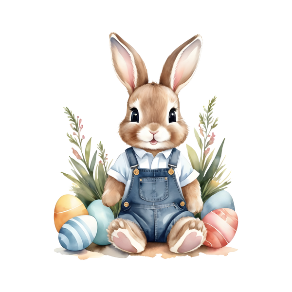 Watercolor Bunny in Denim Overalls with Easter Eggs – Easter Ready to Press DTF Transfer