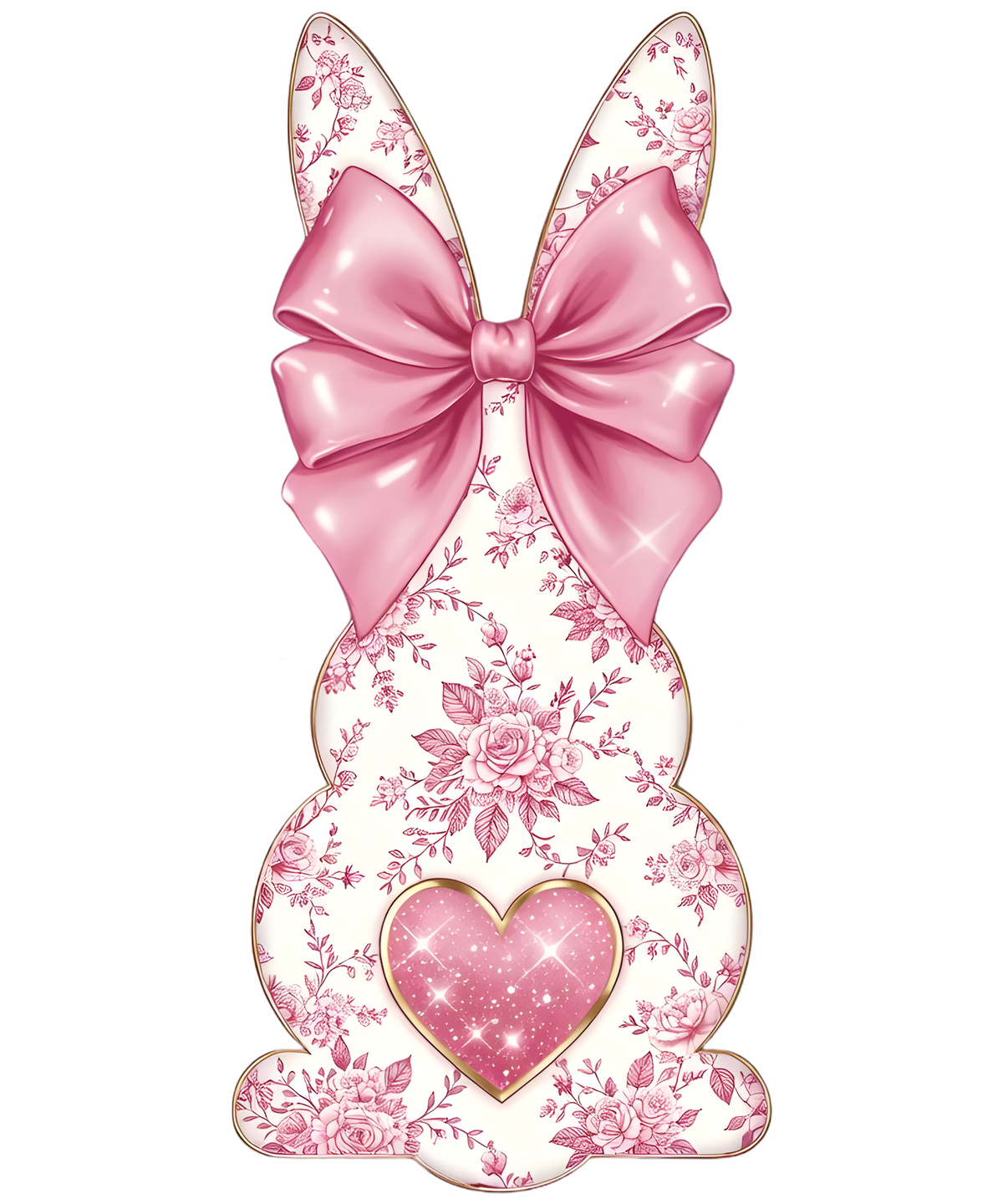 Pink Floral Coquette Bunny with Satin Bow & Sparkle Heart – Easter Ready to Press DTF Transfer