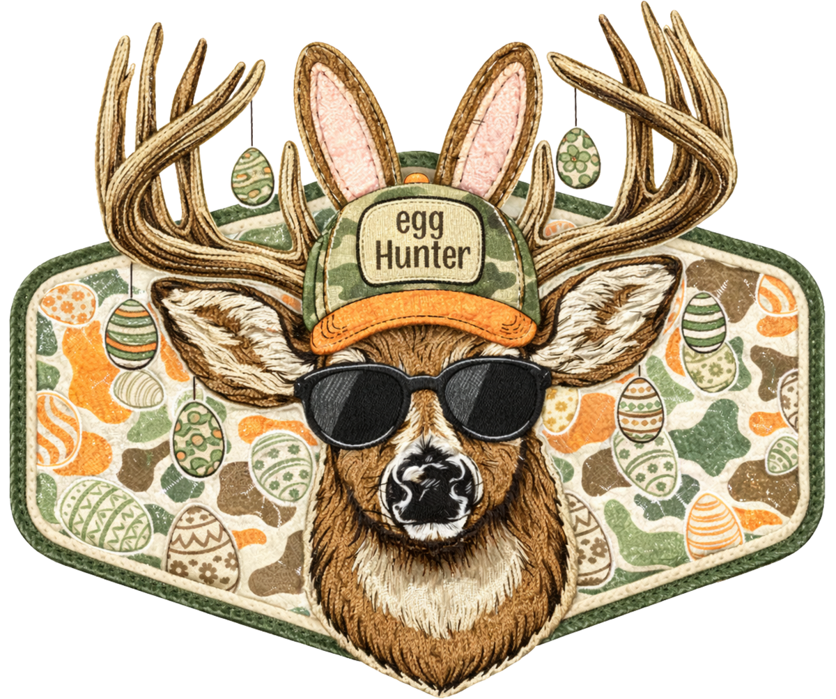 Camo Deer Egg Hunter with Sunglasses & Bunny Ears – Easter Ready to Press DTF Transfer