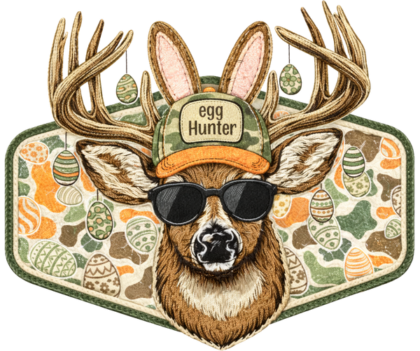 Camo Deer Egg Hunter with Sunglasses & Bunny Ears – Easter Ready to Press DTF Transfer