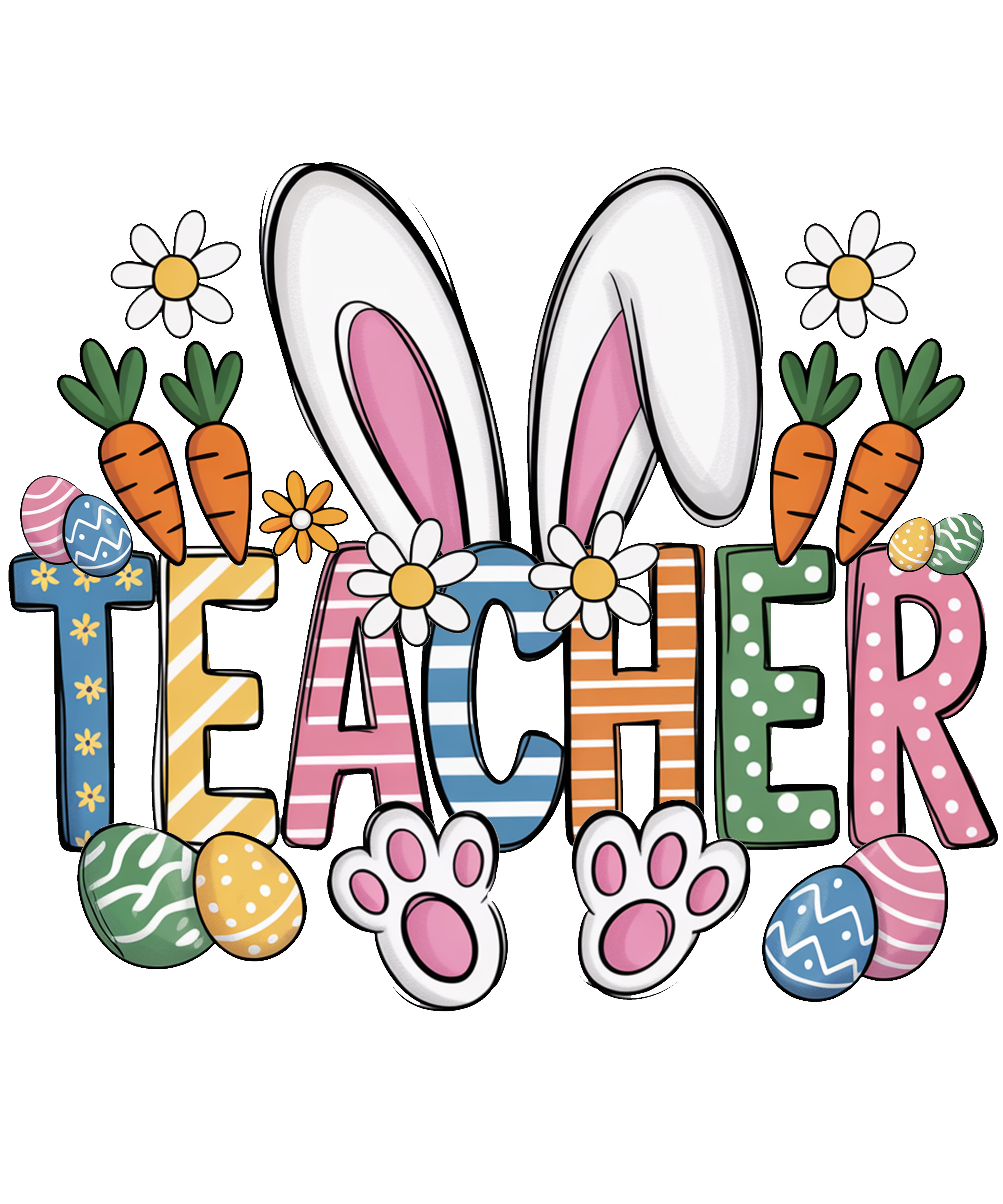 Teacher Typography with Bunny Ears & Carrots – Easter Ready to Press DTF Transfer