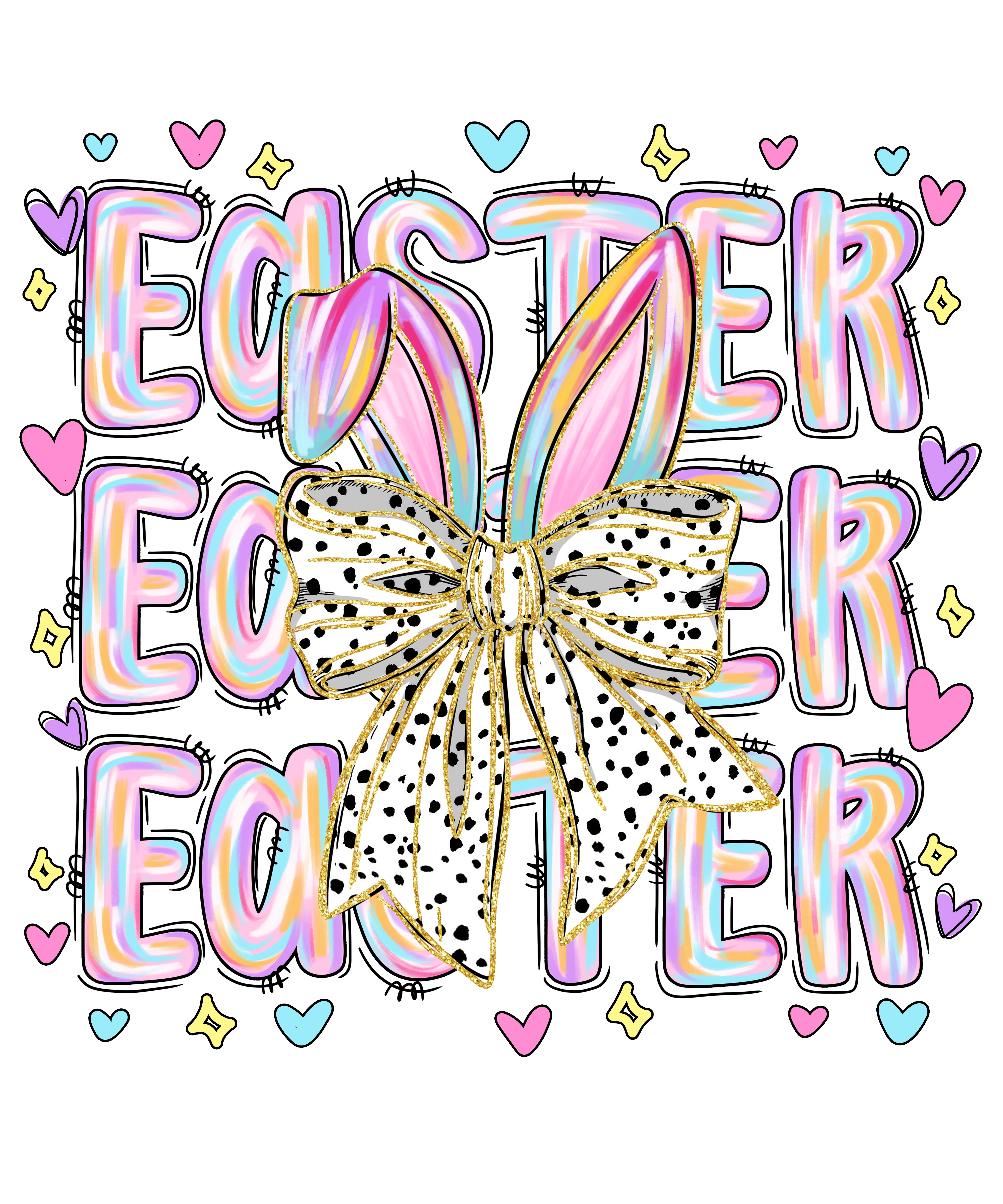 Pastel Brushstroke "Easter" Stacked Typography with Dalmatian Bow – Easter Ready to Press DTF Transfer