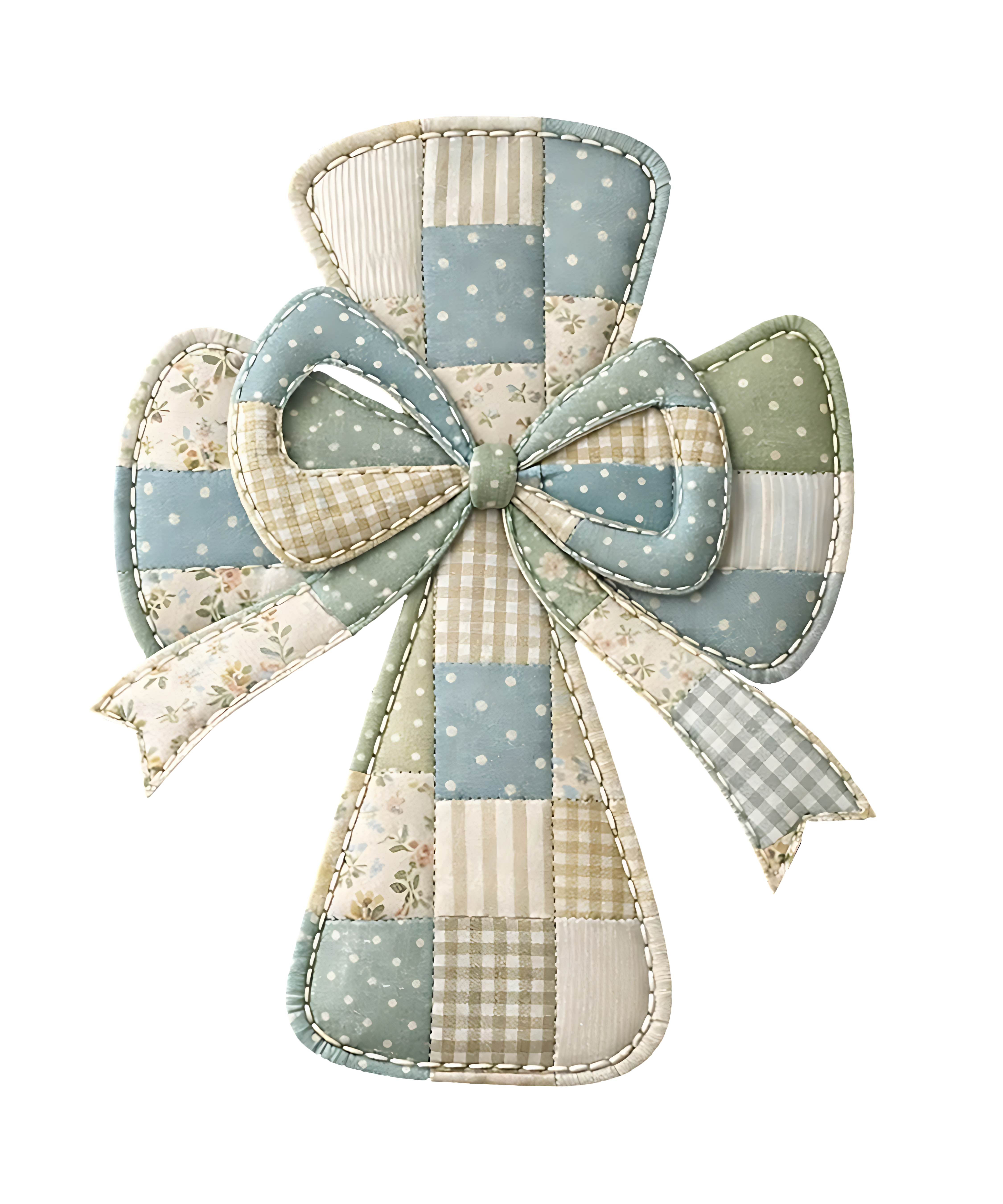 Blue & Sage Patchwork Quilted Cross with Bow – Easter Ready to Press DTF Transfer