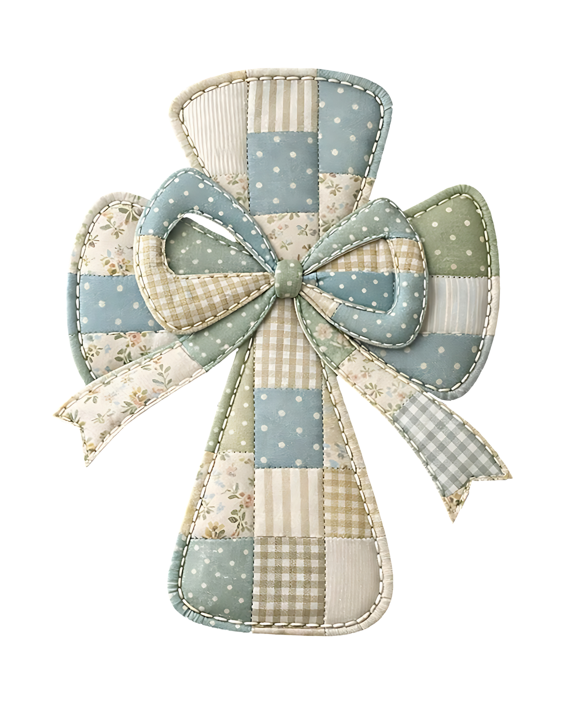 Blue & Sage Patchwork Quilted Cross with Bow – Easter Ready to Press DTF Transfer
