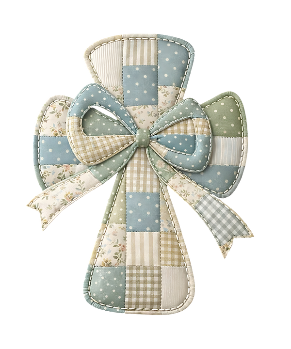 Blue & Sage Patchwork Quilted Cross with Bow – Easter Ready to Press DTF Transfer