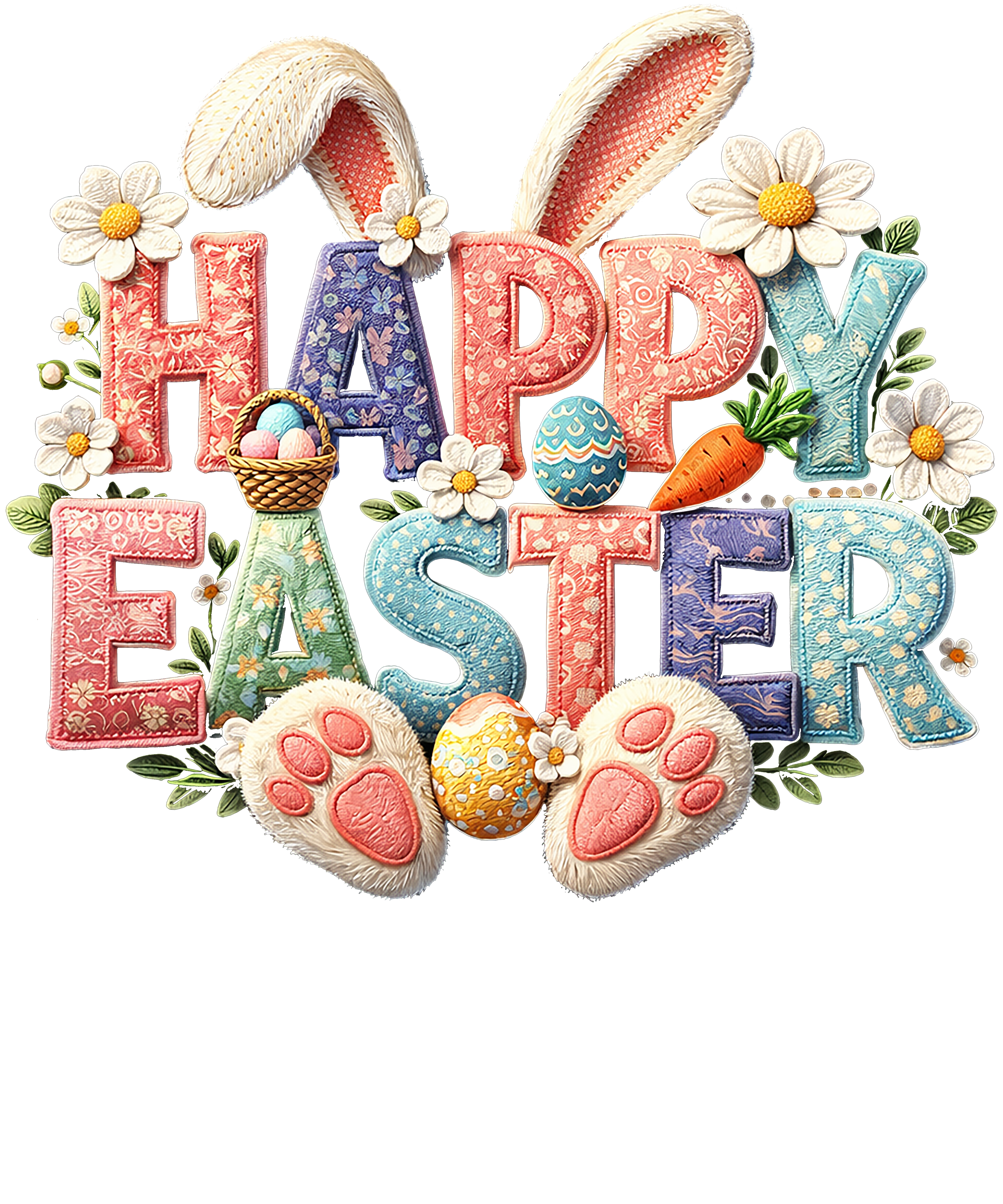 Quilted Patchwork "Happy Easter" Typography with Bunny Ears & Feet – Easter Ready to Press DTF Transfer