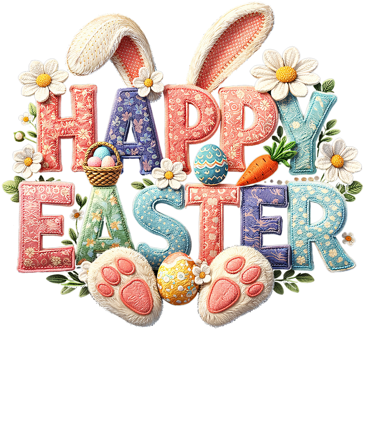Quilted Patchwork "Happy Easter" Typography with Bunny Ears & Feet – Easter Ready to Press DTF Transfer