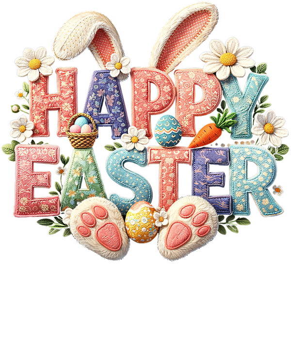 Quilted Patchwork "Happy Easter" Typography with Bunny Ears & Feet – Easter Ready to Press DTF Transfer