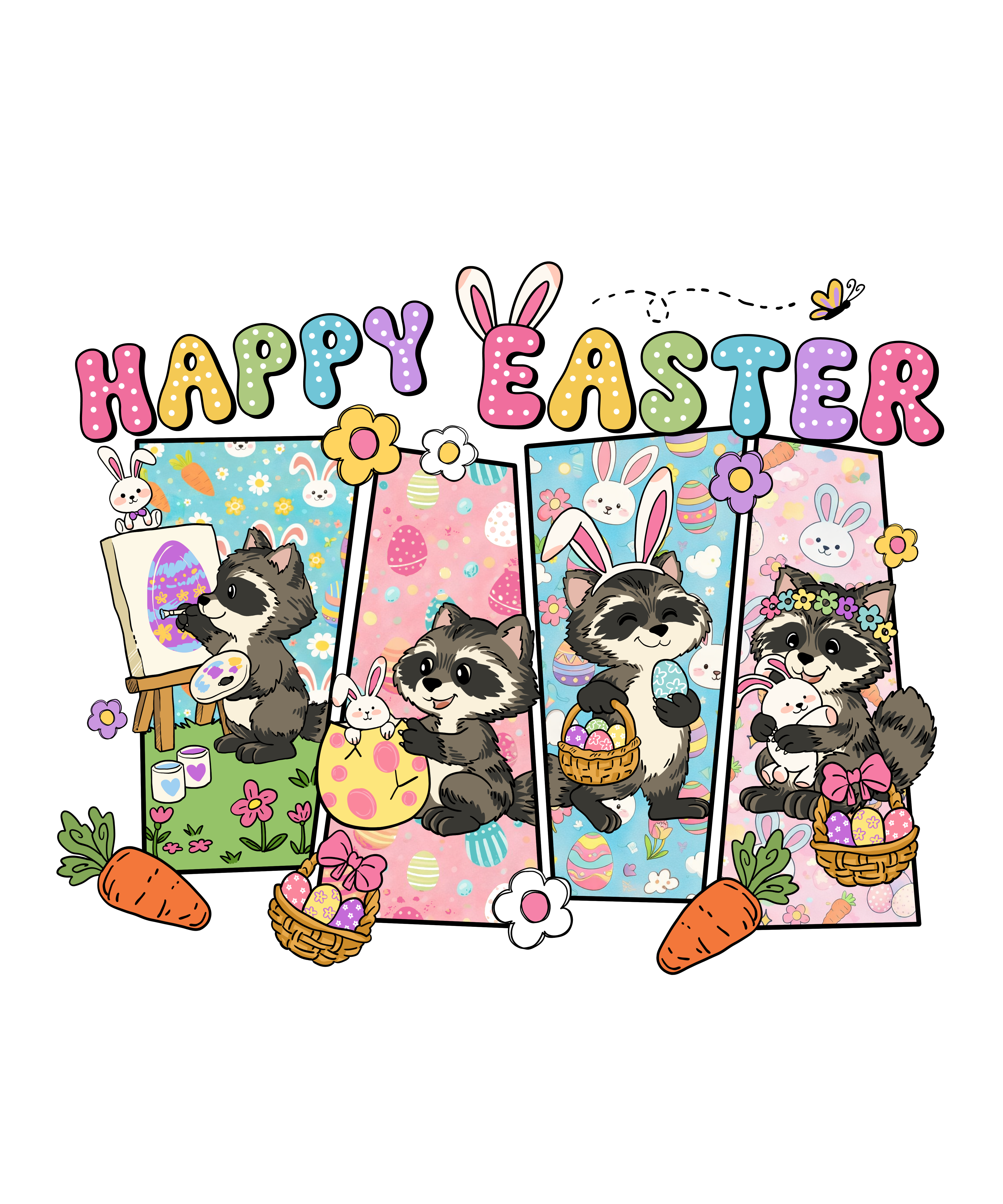 Kawaii Raccoon Easter Adventure "Happy Easter" Panel – Easter Ready to Press DTF Transfer