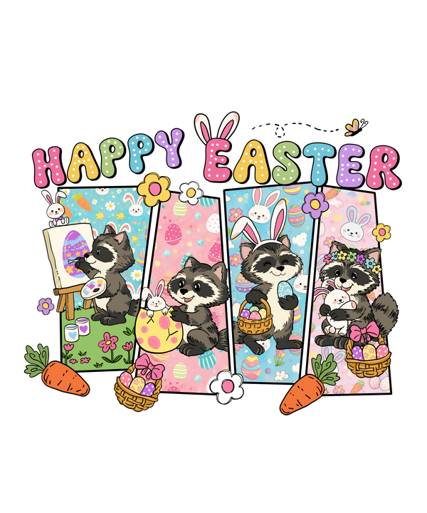 Kawaii Raccoon Easter Adventure "Happy Easter" Panel – Easter Ready to Press DTF Transfer