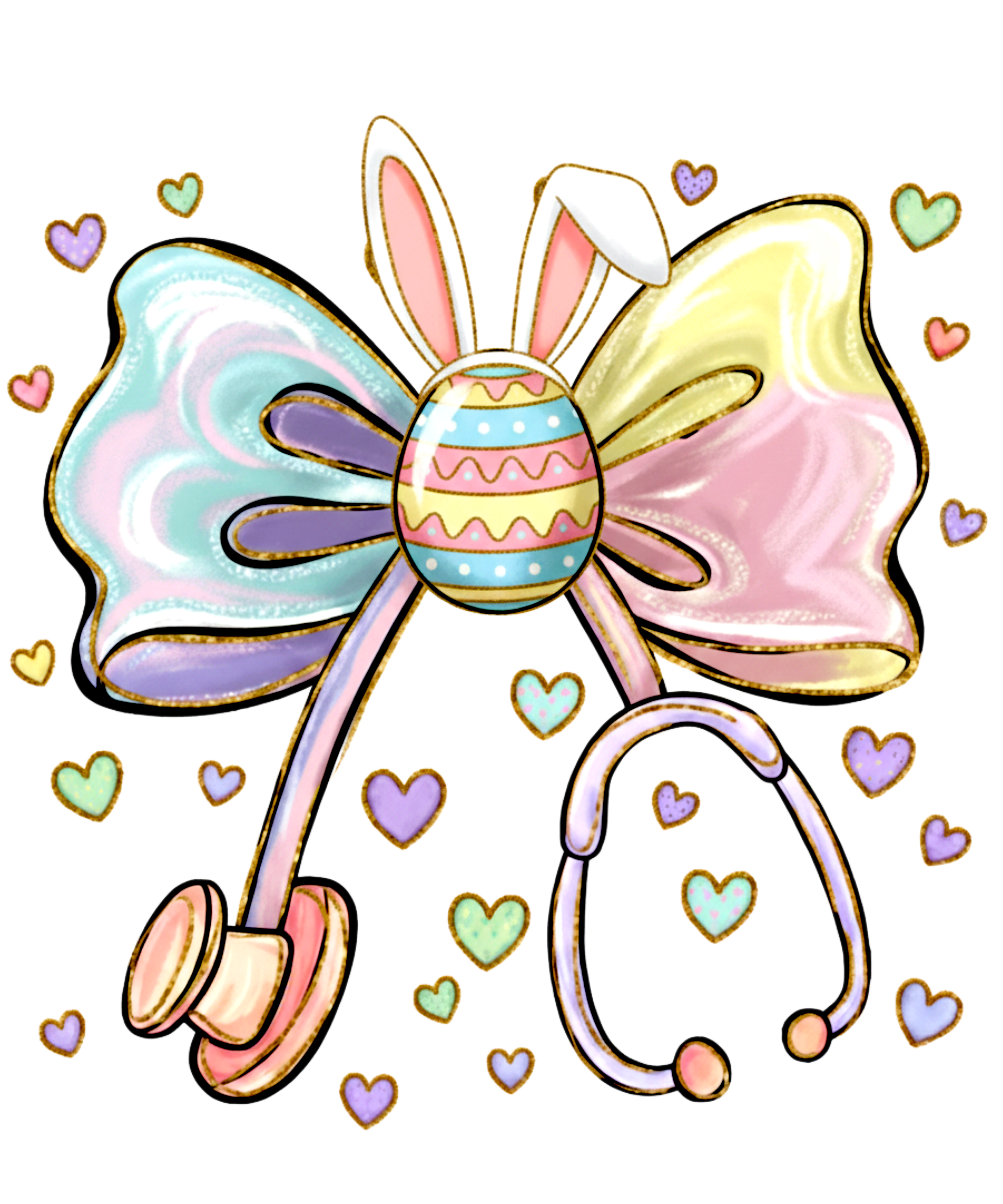 Pastel Iridescent Coquette Bow with Stethoscope & Bunny Ears – Nurse Easter Ready to Press DTF Transfer