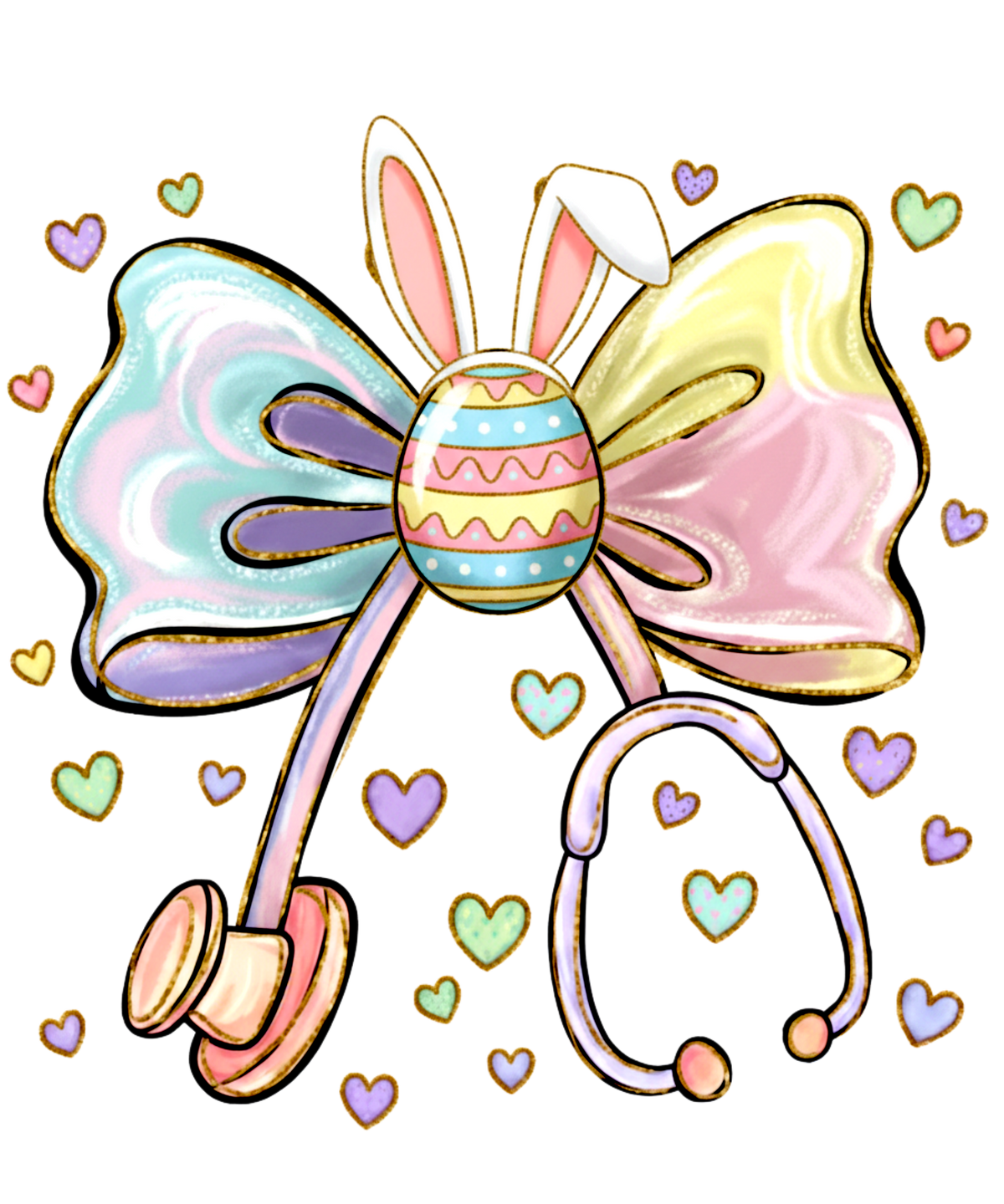 Pastel Iridescent Coquette Bow with Stethoscope & Bunny Ears – Nurse Easter Ready to Press DTF Transfer