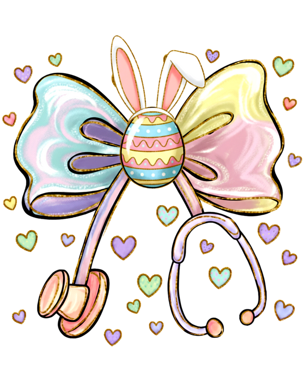 Pastel Iridescent Coquette Bow with Stethoscope & Bunny Ears – Nurse Easter Ready to Press DTF Transfer