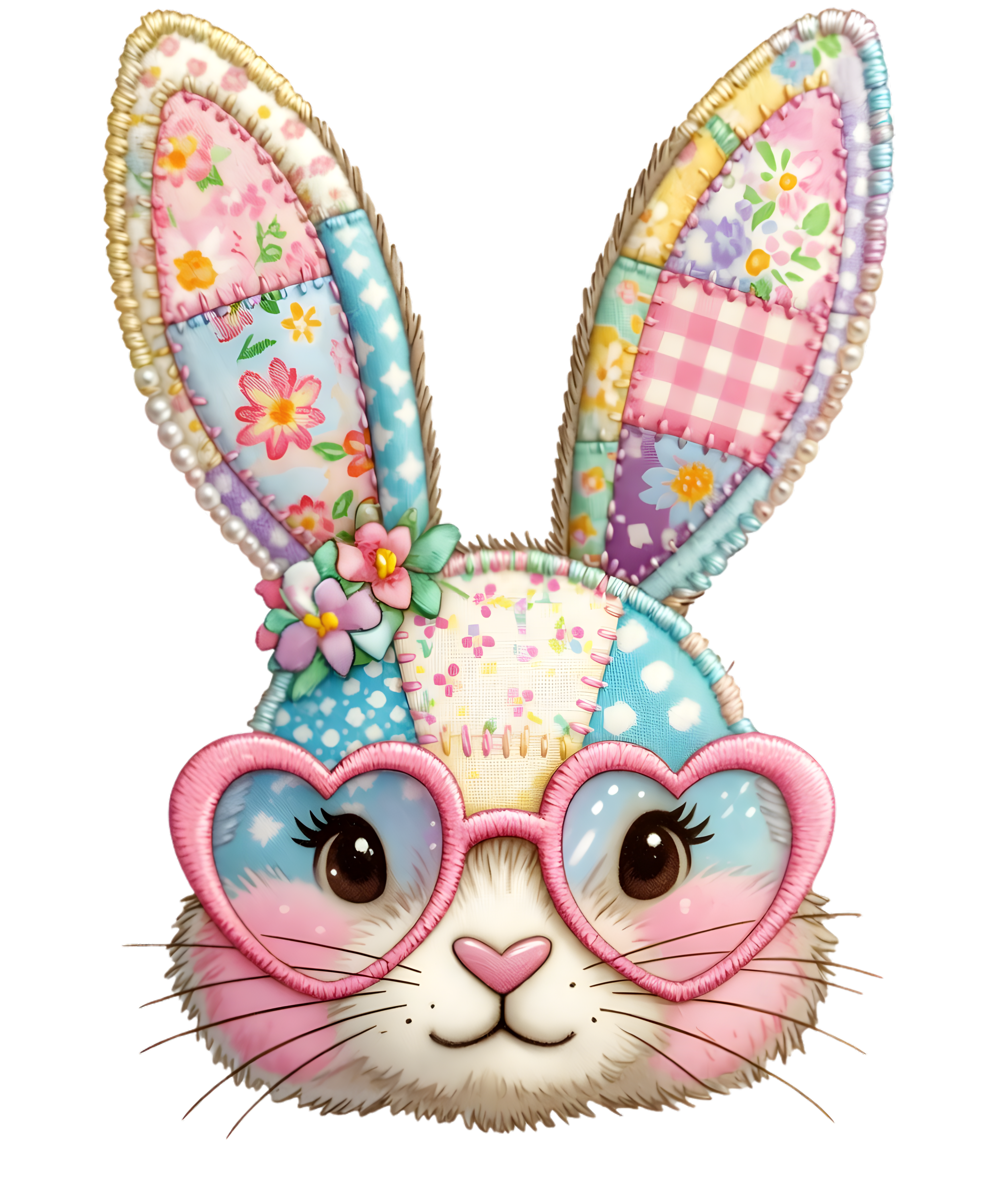 Patchwork Floral Bunny with Pink Heart Glasses – Easter Ready to Press DTF Transfer