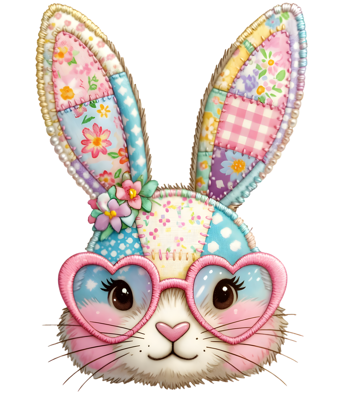 Patchwork Floral Bunny with Pink Heart Glasses – Easter Ready to Press DTF Transfer