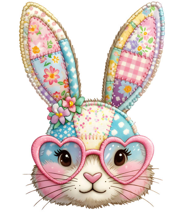 Patchwork Floral Bunny with Pink Heart Glasses – Easter Ready to Press DTF Transfer