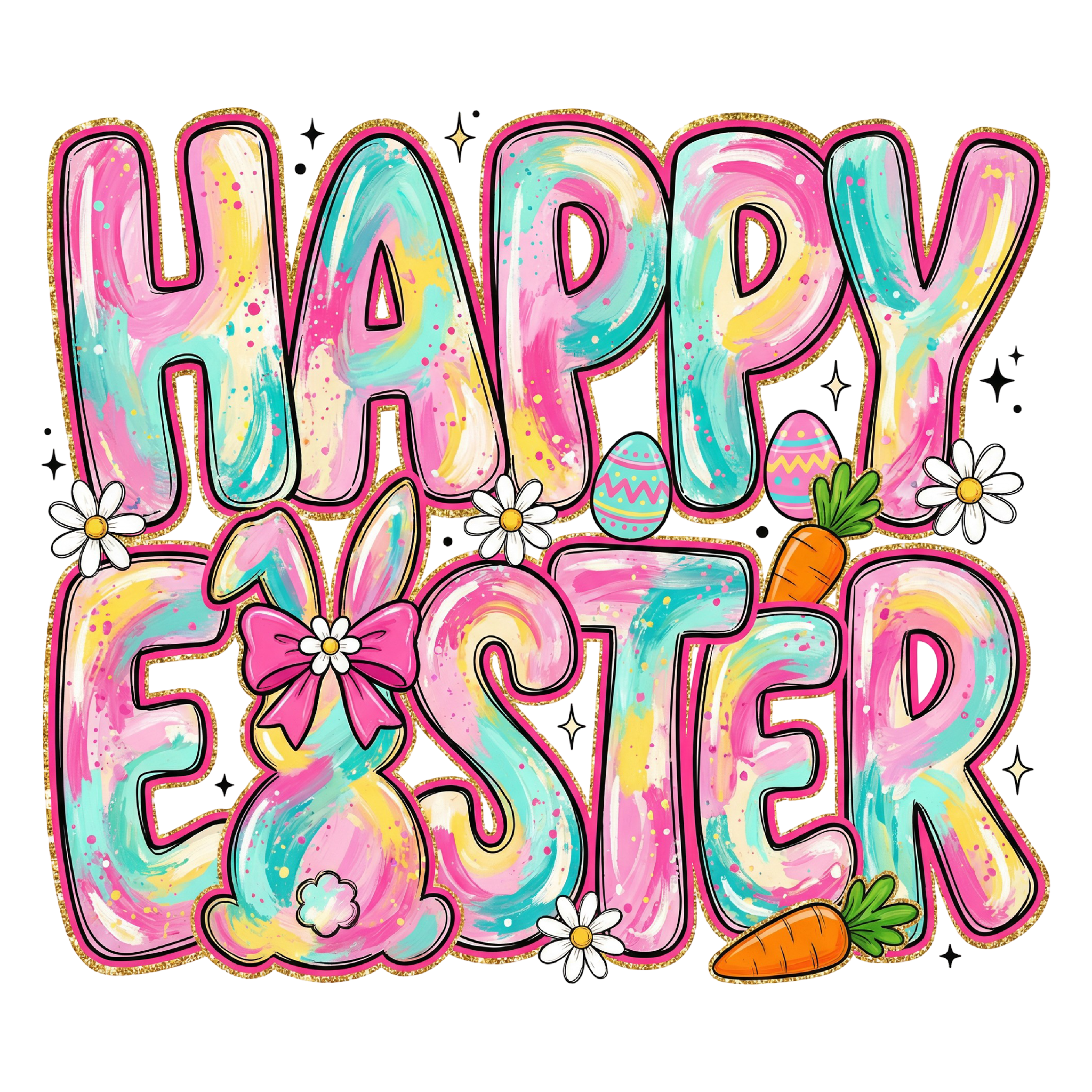 Pastel Peppy Brushstroke "Happy Easter" with Gold Glitter Edge – Easter Ready to Press DTF Transfer