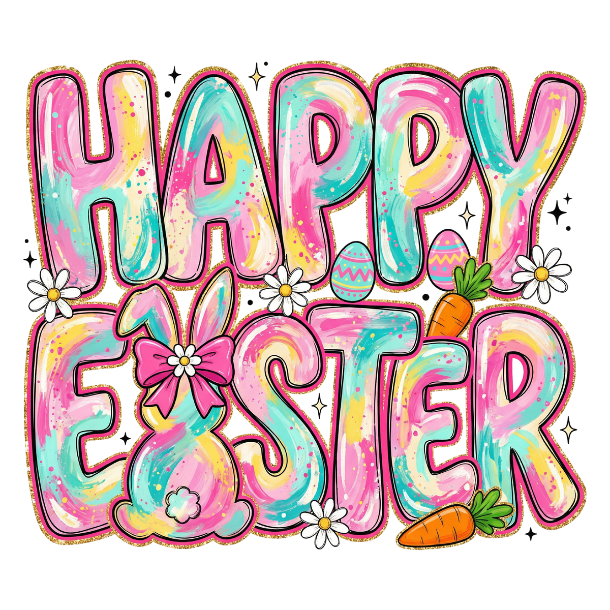 Pastel Peppy Brushstroke "Happy Easter" with Gold Glitter Edge – Easter Ready to Press DTF Transfer