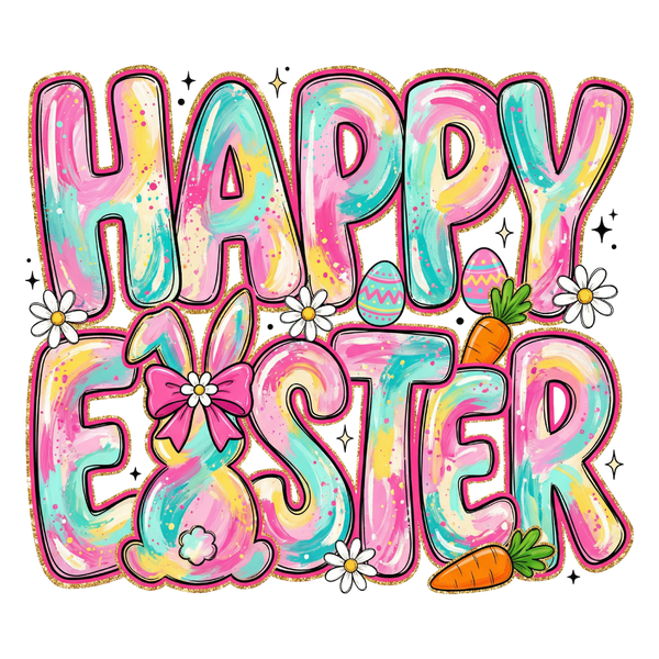 Pastel Peppy Brushstroke "Happy Easter" with Gold Glitter Edge – Easter Ready to Press DTF Transfer