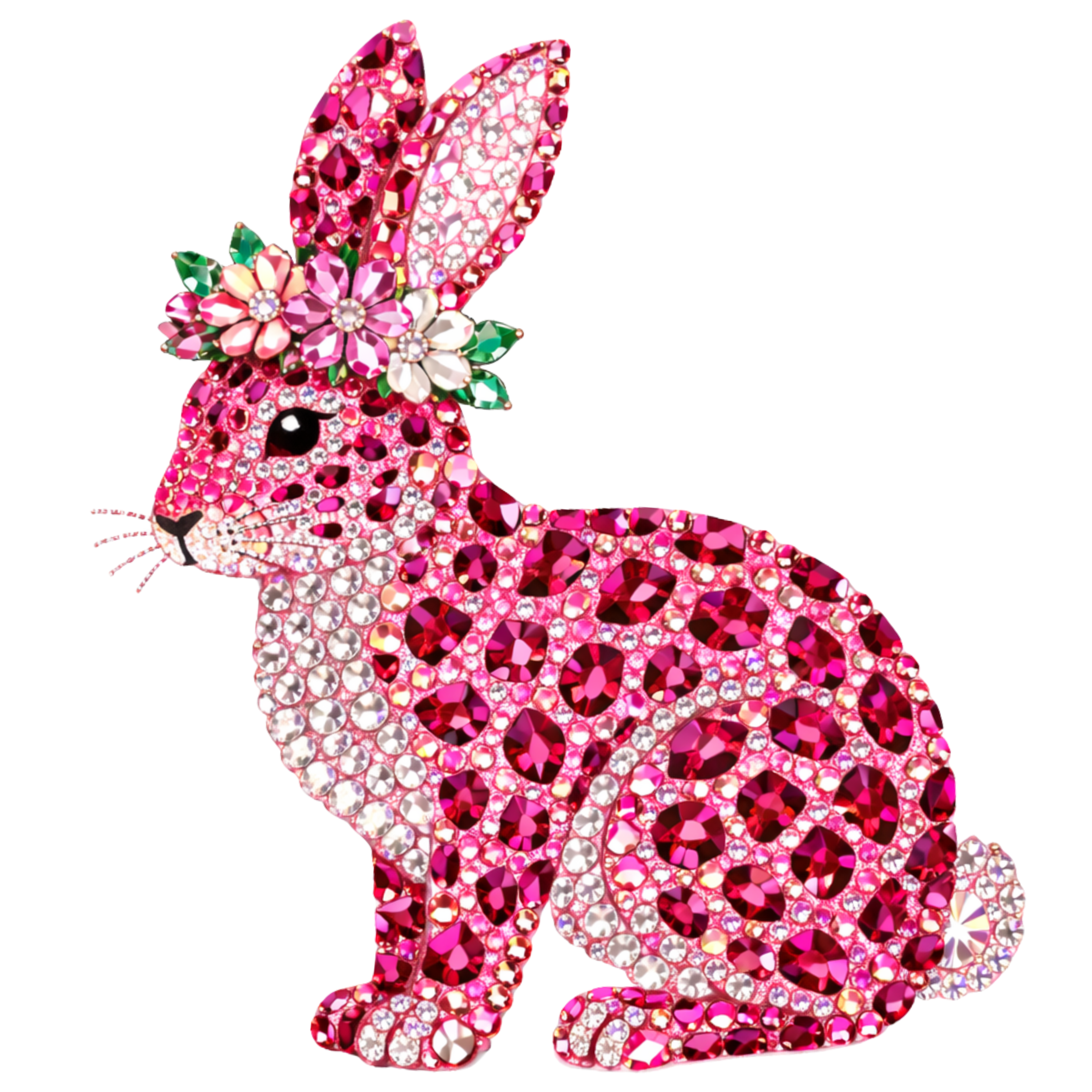 Pink Leopard Rhinestone Easter Bunny with Floral Crown – Easter Ready to Press DTF Transfer