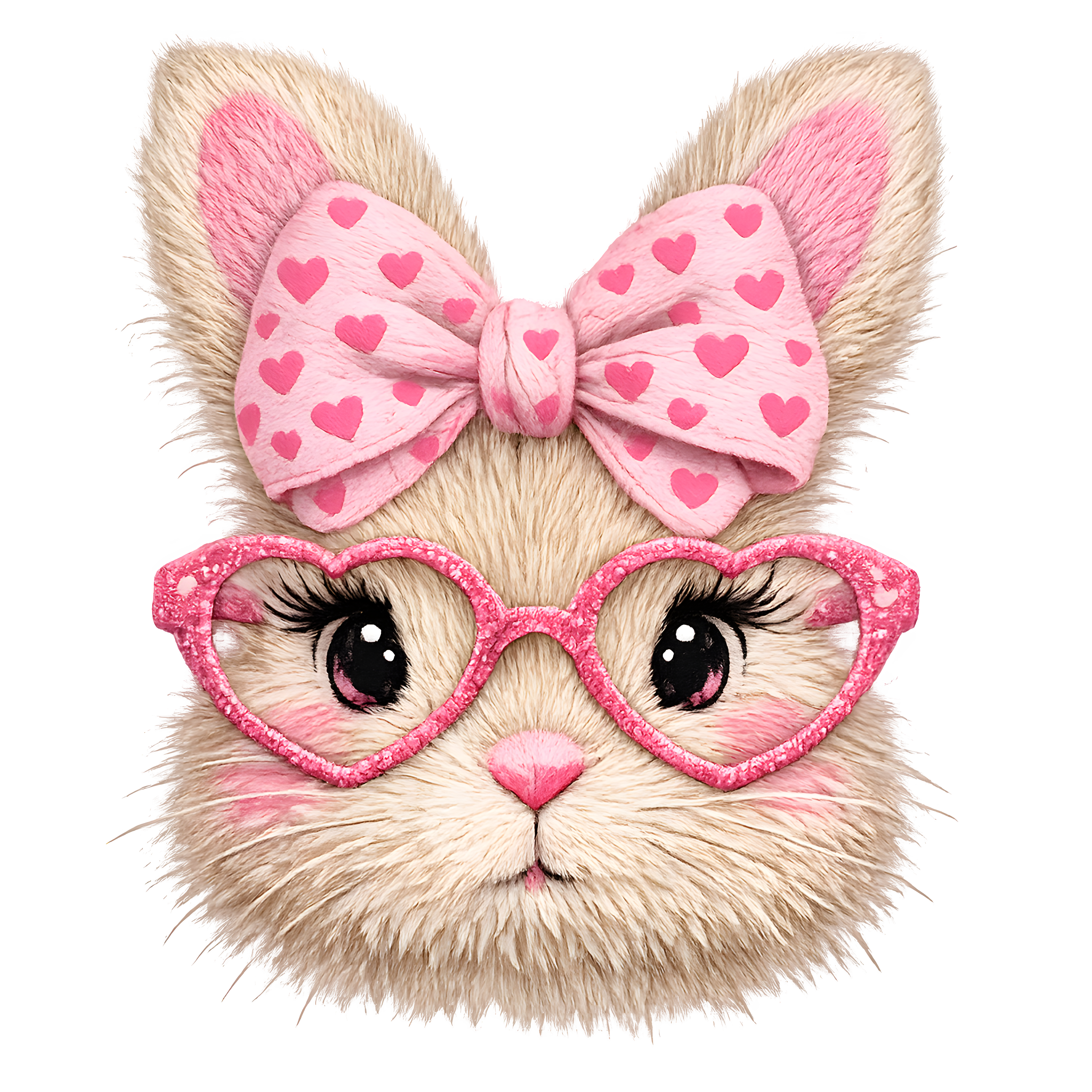 Fuzzy Easter Bunny with Pink Heart Bow & Glitter Glasses – Easter Ready to Press DTF Transfer