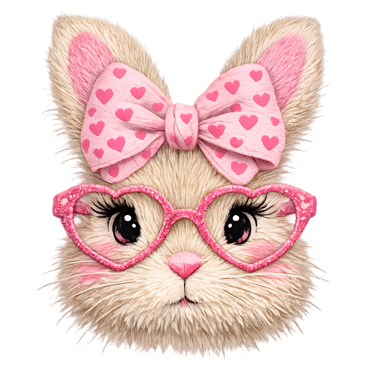 Fuzzy Easter Bunny with Pink Heart Bow & Glitter Glasses – Easter Ready to Press DTF Transfer